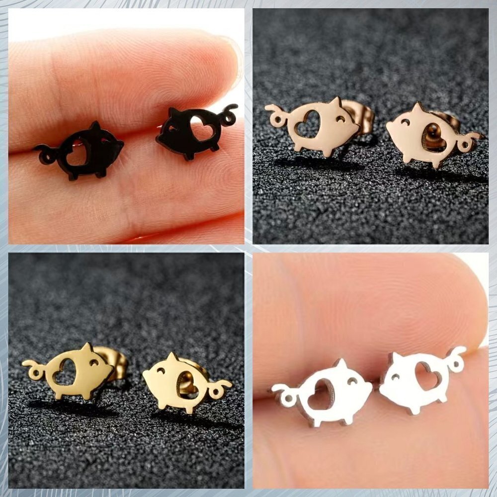 Little Pigs and Hearts Stainless Steel Stud Earrings #1211